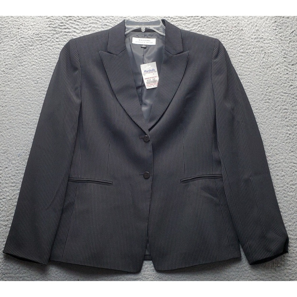 Tahari Blazer Jacket Womens 10 Black Pinstripe Lined Single-Breasted Notch Lapel